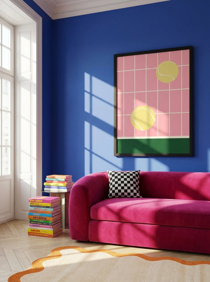 Oversized statement modern wall art print styled on the wall in a colourful eclectic living room