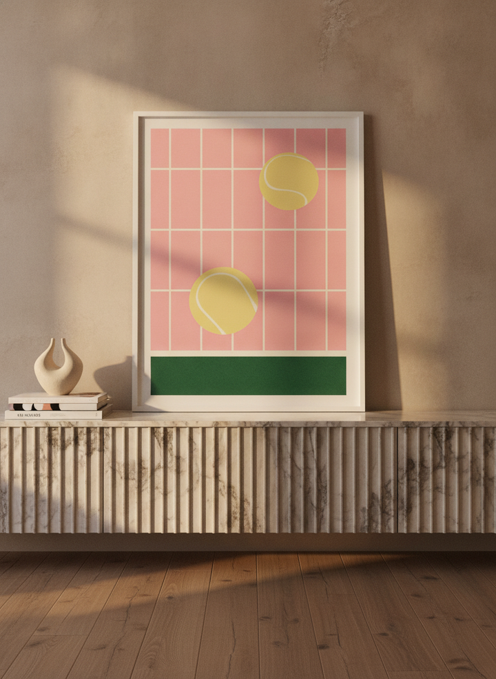 Modern wall art print standing on a sideboard in a luxe home office