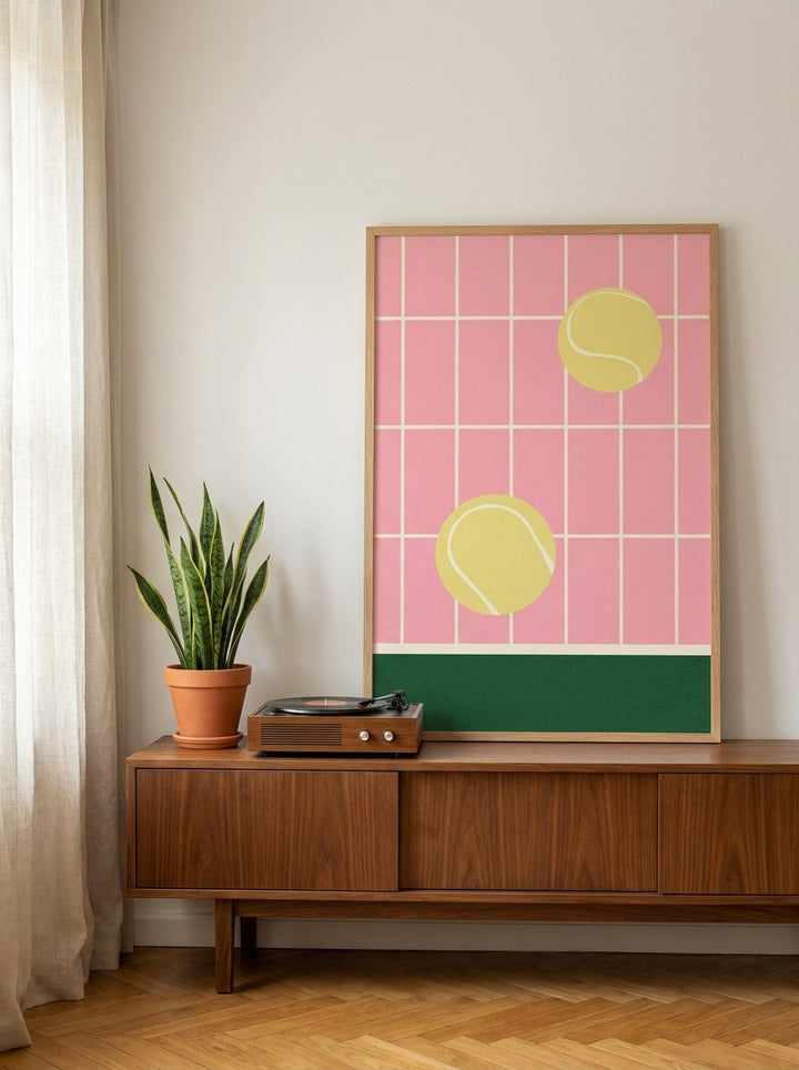 Modern wall art print standing on a sideboard in a mid-century bedroom