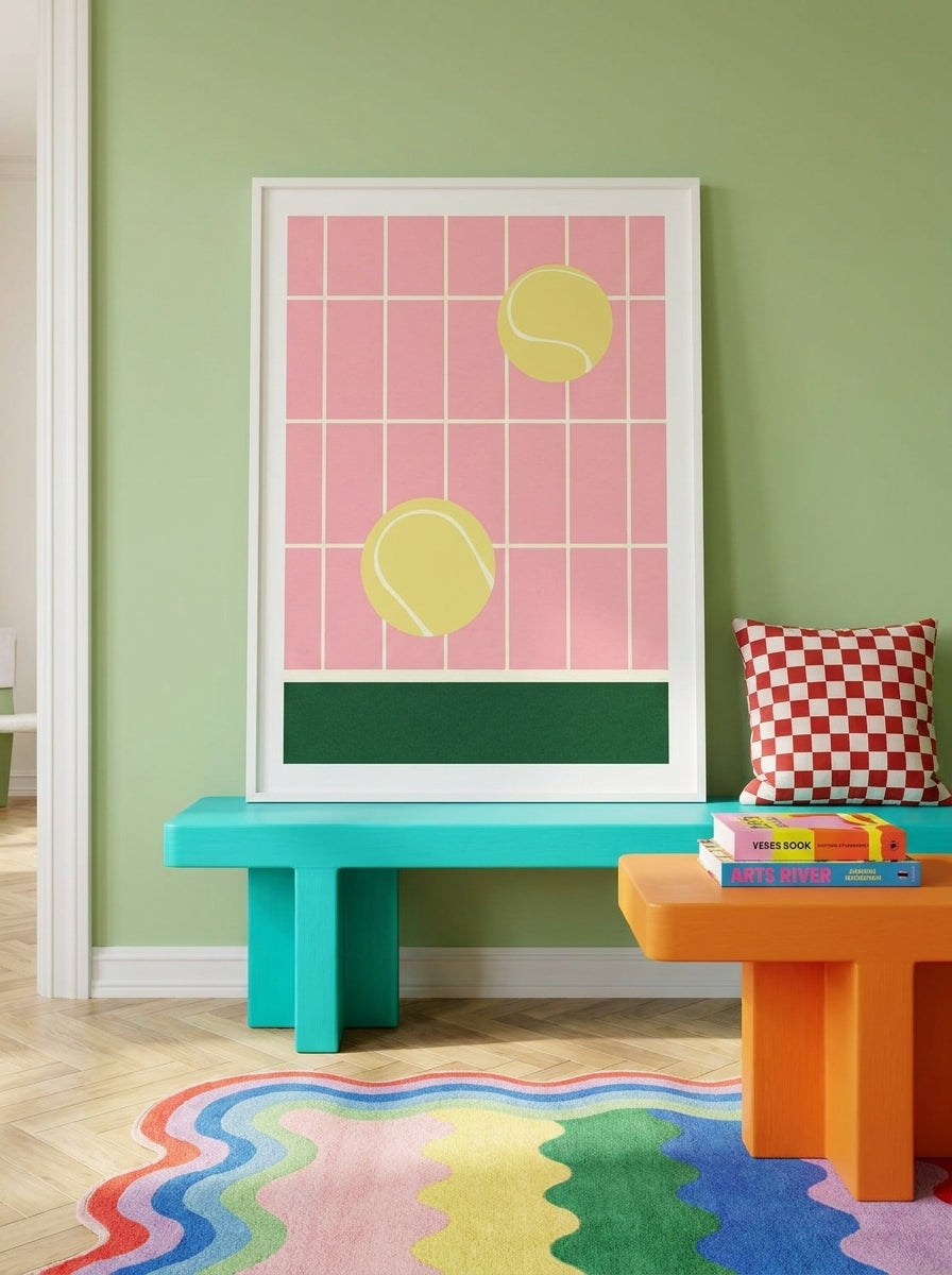 Modern wall art print standing on a side table in a colourful eclectic living room