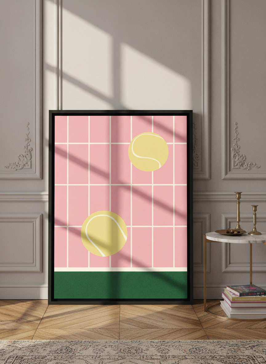 Canvas wall art with a black surround leaning against the wall in a Parisian bedroom