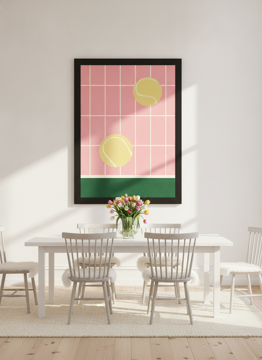 Oversized statement modern wall art print styled on the wall in a bright Scandinavian dining room