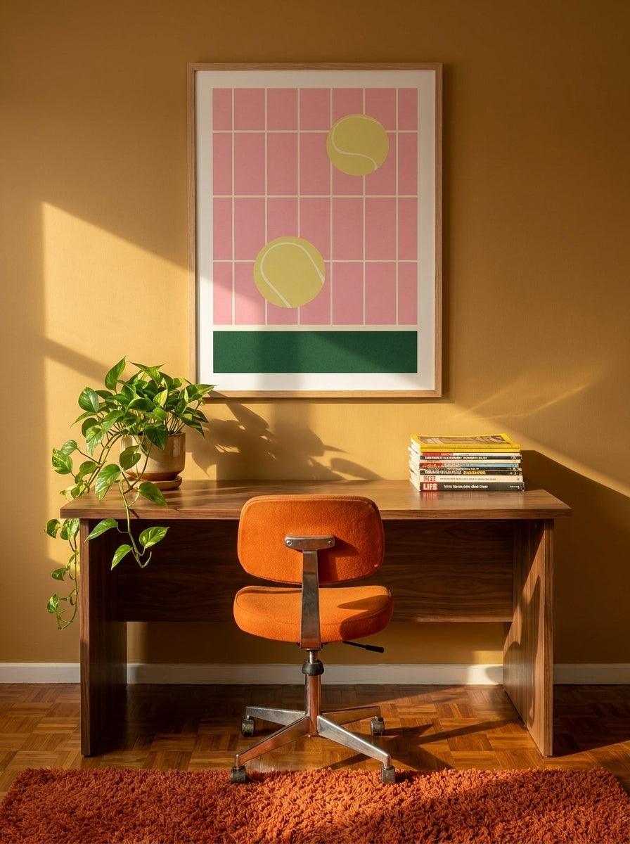 Modern wall art print styled on the wall in a retro 70s home office