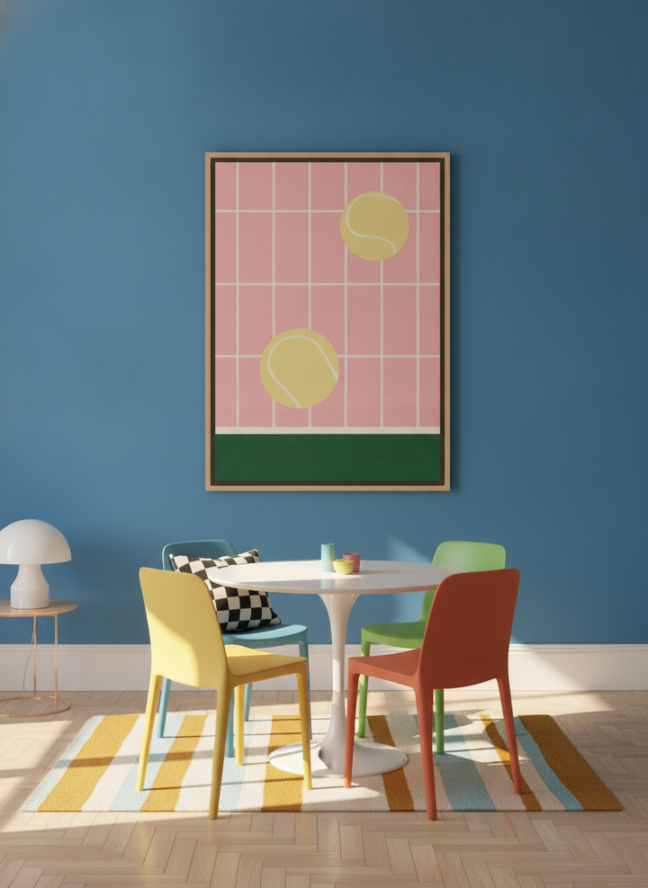Oversized statement canvas wall art with a natural timber surround styled on the wall in a colourful eclectic dining room