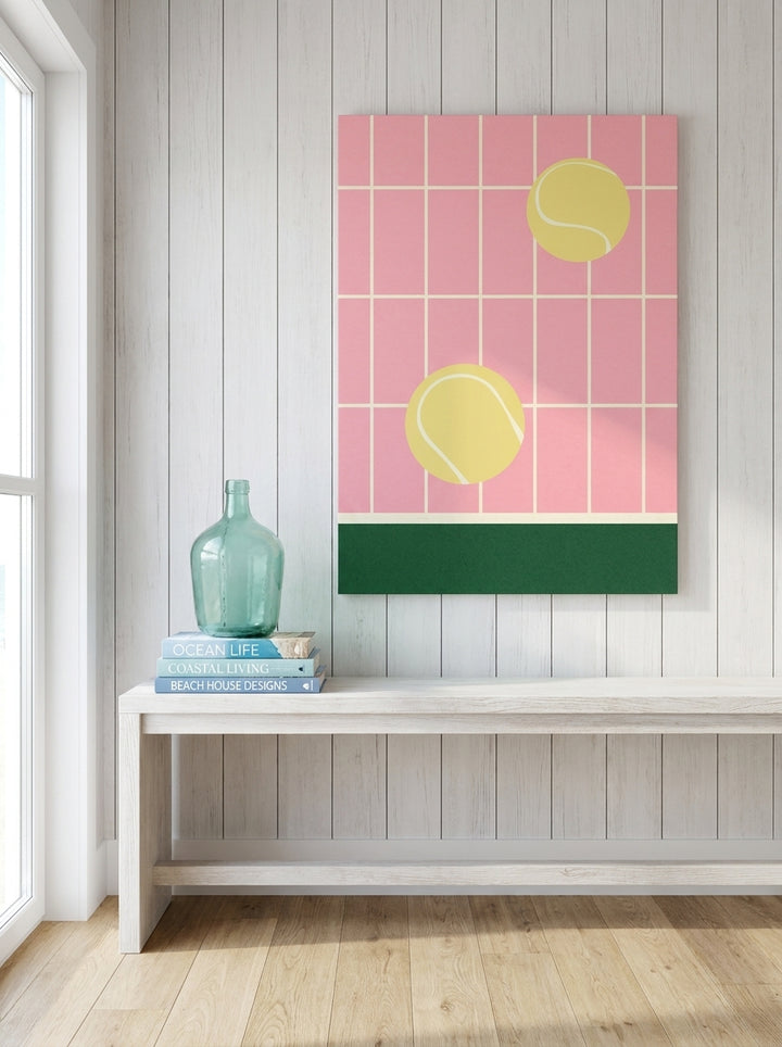 Stretched canvas wall art styled on the wall in a coastal living room