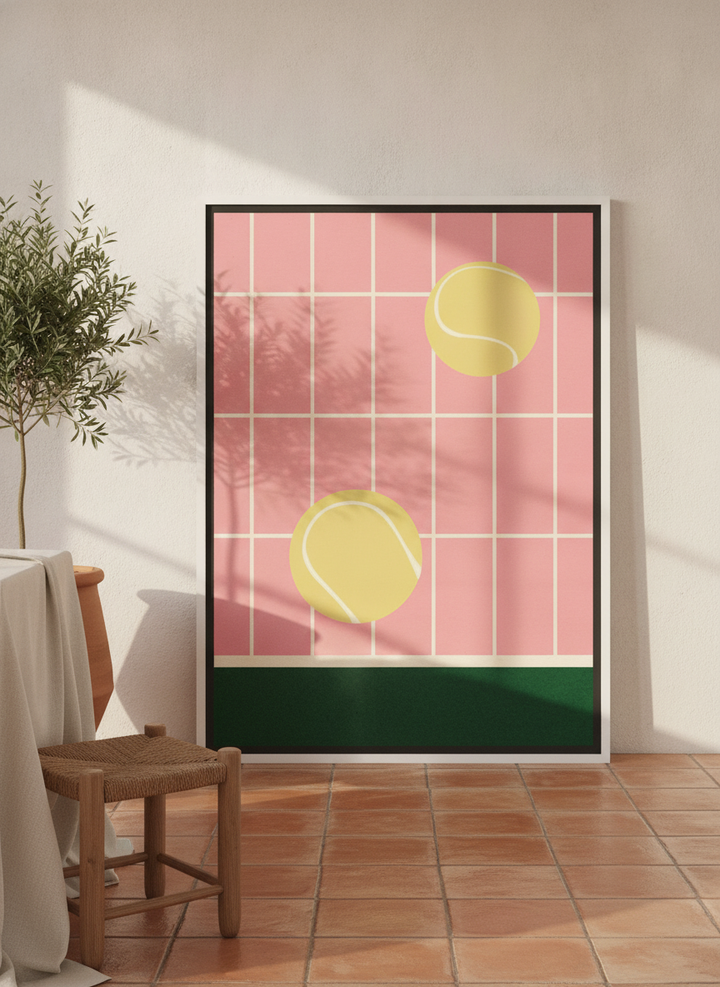 Oversized statement canvas wall art with a white surround leaning against the wall in a Mediterranean dining room
