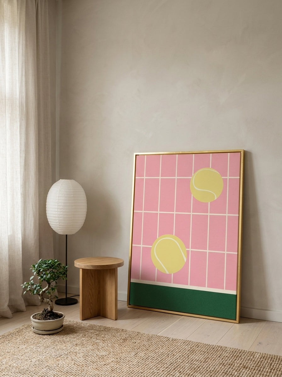 Canvas wall art with a gold leaf surround leaning against the wall in a warm Japandi home office