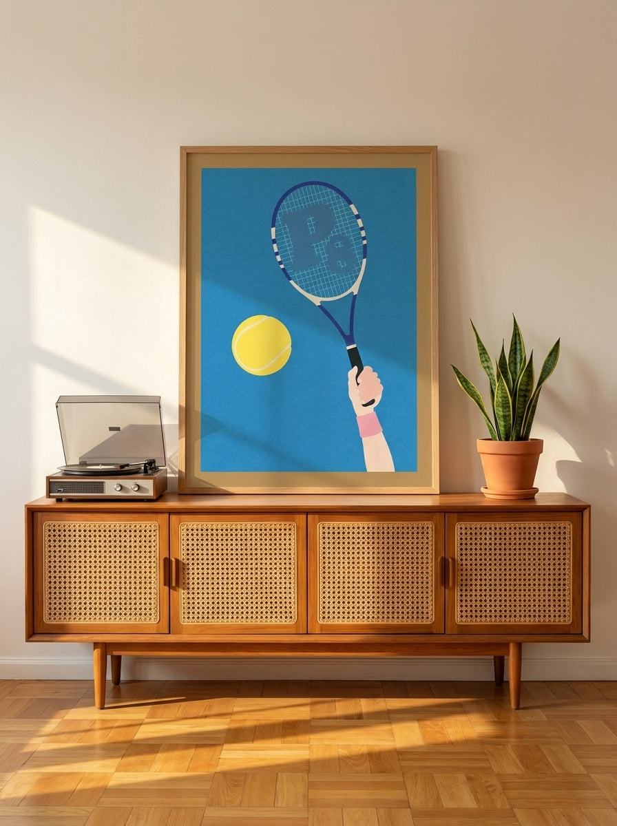 Modern wall art print standing on a sideboard in a mid-century bedroom