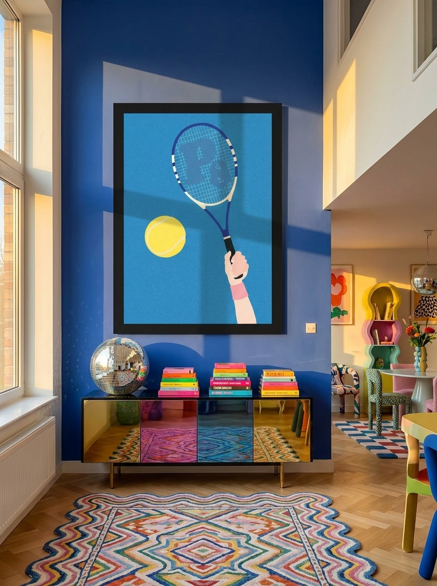 Oversized statement modern wall art print styled on the wall in a colourful eclectic living room