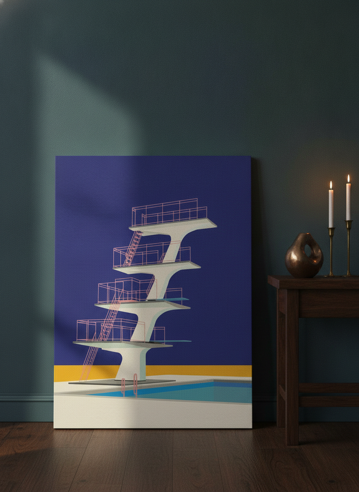 Stretched canvas wall art leaning against the wall in a moody home office