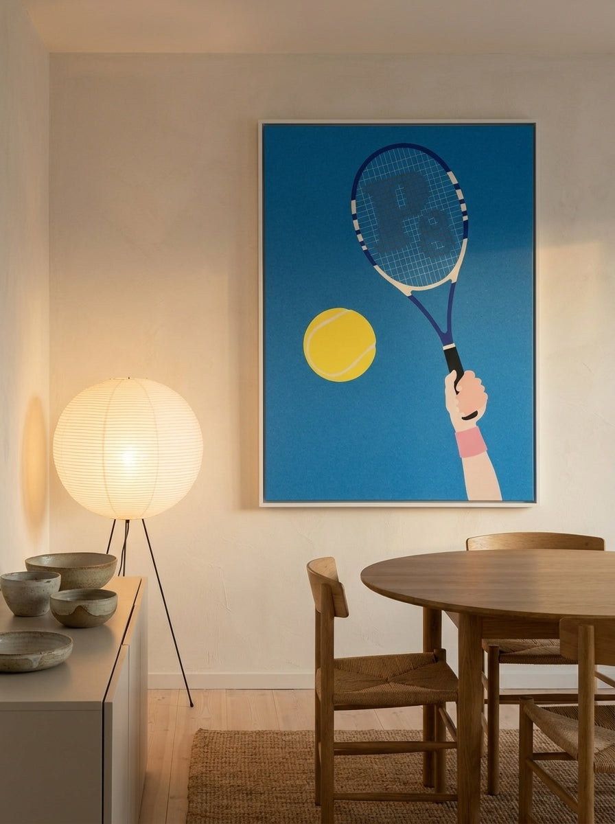 Oversized statement canvas wall art with a white surround styled on the wall in a warm Japandi dining room