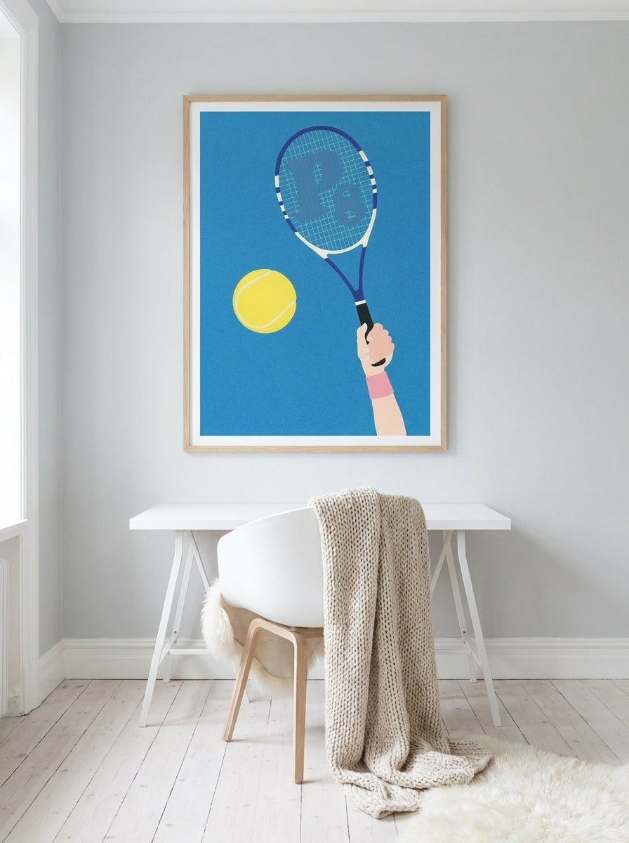 Modern wall art print styled on the wall in a bright Scandinavian home office
