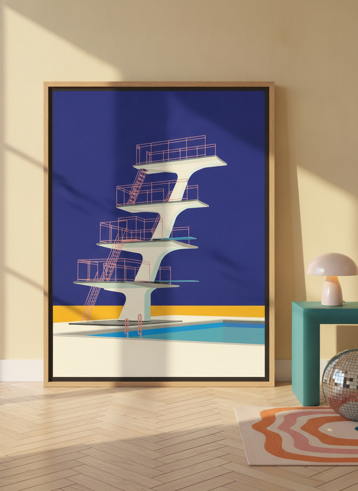 Oversized statement canvas wall art with a natural timber surround leaning against the wall in a colourful eclectic living room