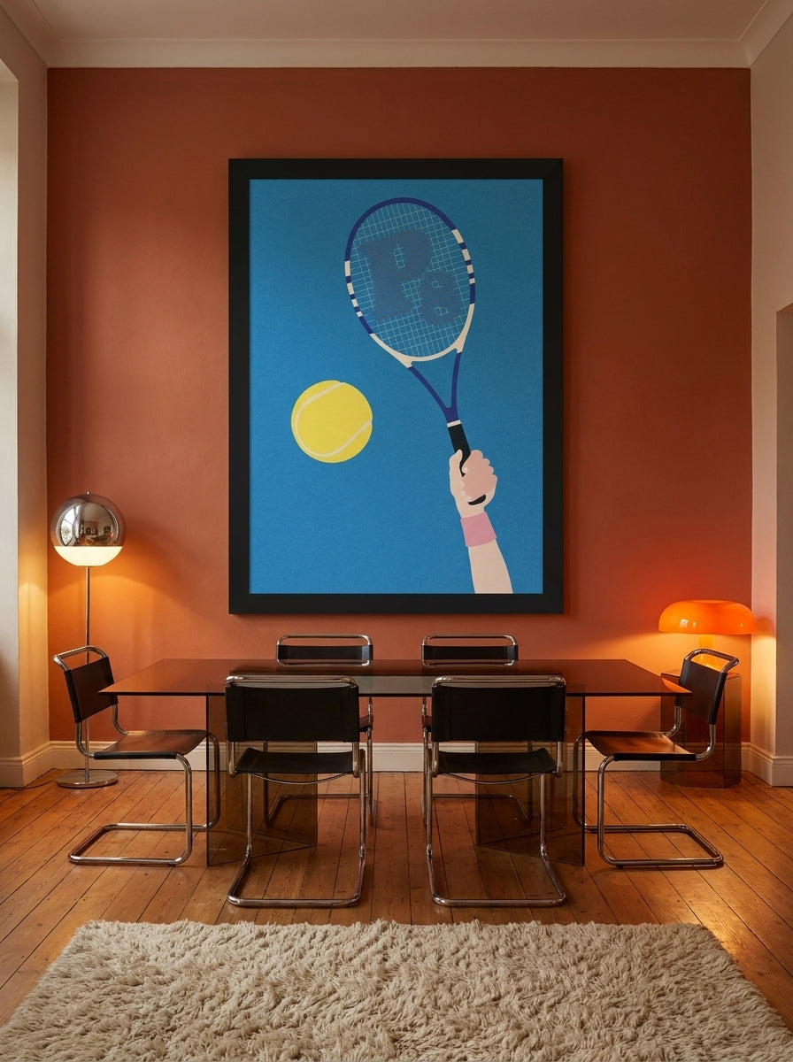 Oversized statement modern wall art print styled on the wall in a retro 70s dining room