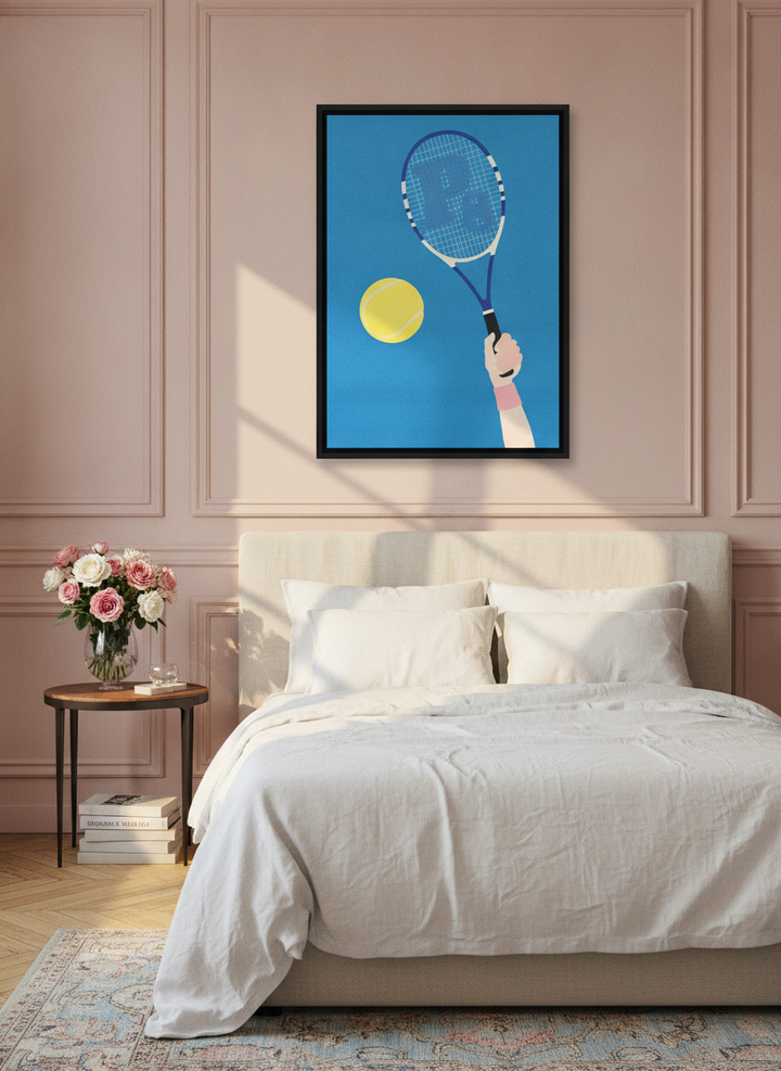 Canvas wall art with a black surround styled on the wall in a Parisian bedroom