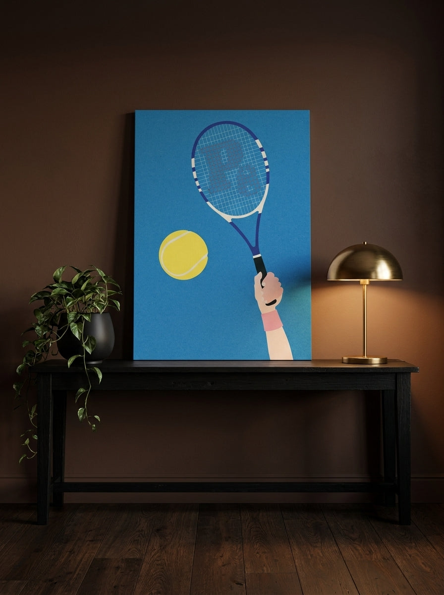Stretched canvas wall art standing on a console in a moody living room
