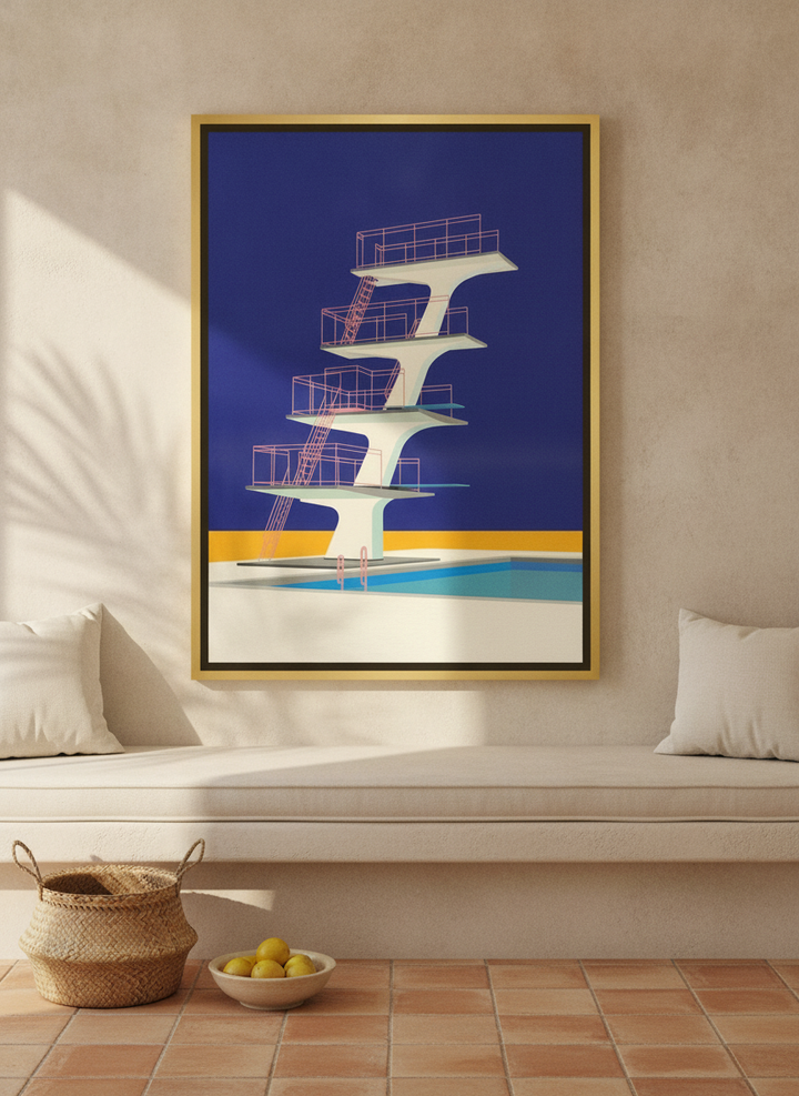 Canvas wall art with a gold leaf surround styled on the wall in a Mediterranean living room