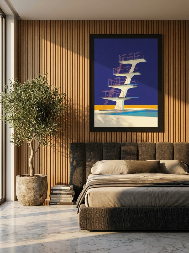 Oversized statement modern wall art print styled on the wall in a luxe bedroom