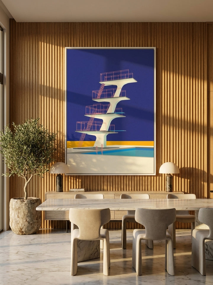 Oversized statement canvas wall art with a white surround styled on the wall in a luxe dining room