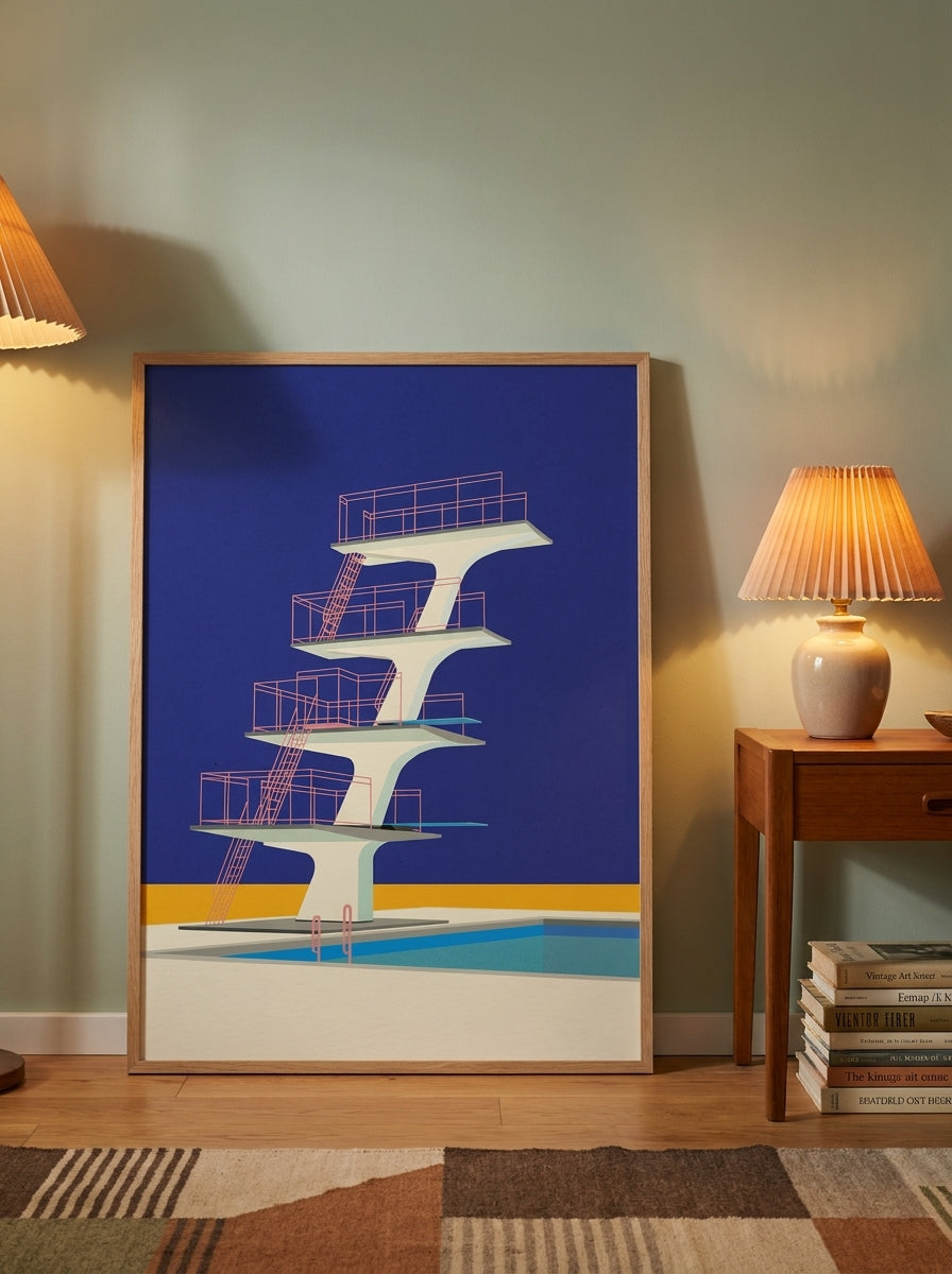 Modern wall art print leaning against the wall in a mid-century bedroom