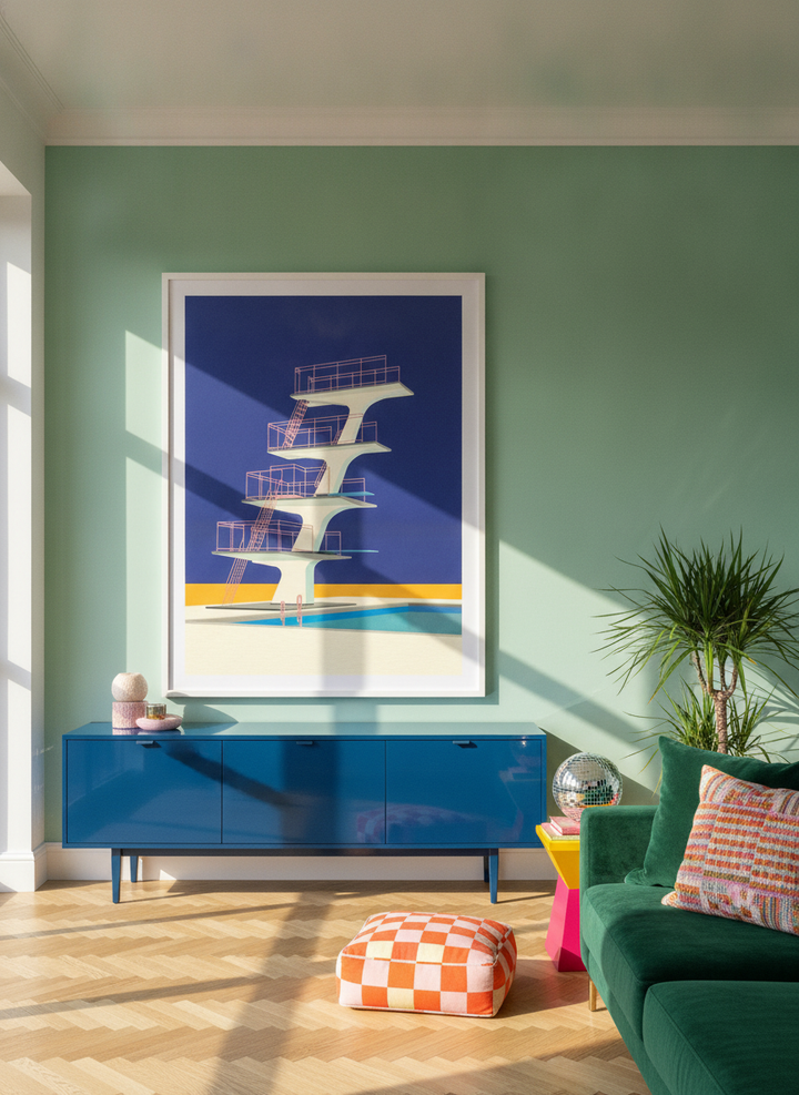 Oversized statement modern wall art print styled on the wall in a colourful eclectic living room