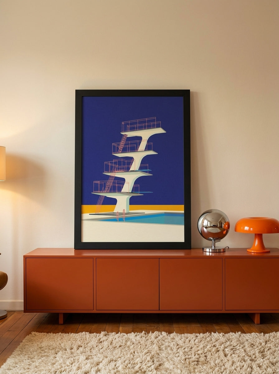 Modern wall art print standing on a sideboard in a retro 70s home office