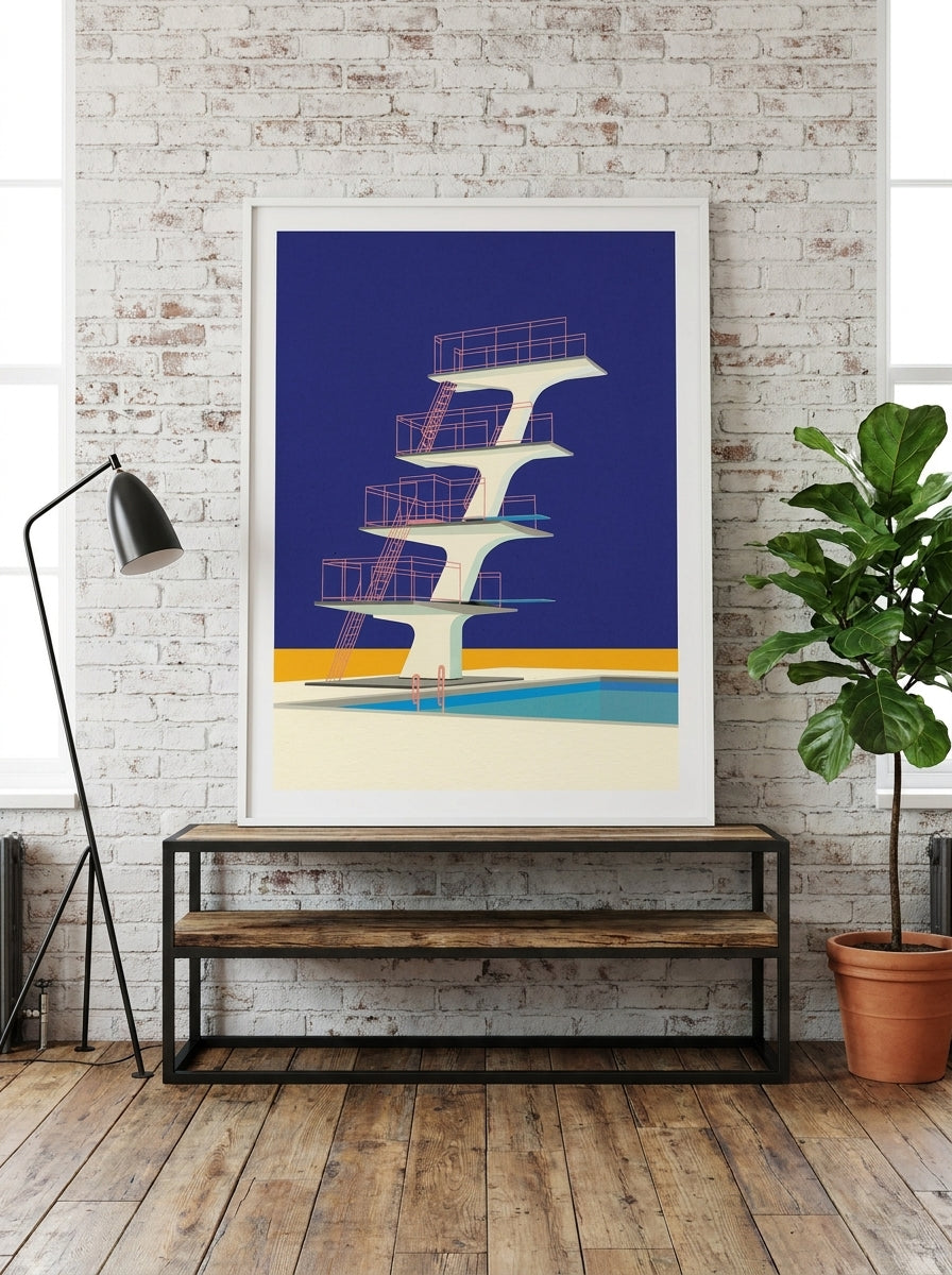 Modern wall art print standing on a console in an industrial loft living room
