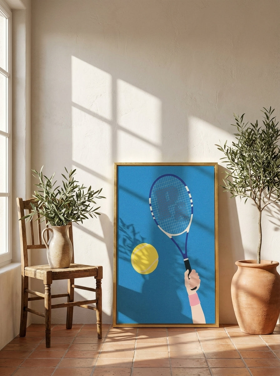 Canvas wall art with a gold leaf surround leaning against the wall in a Mediterranean home office