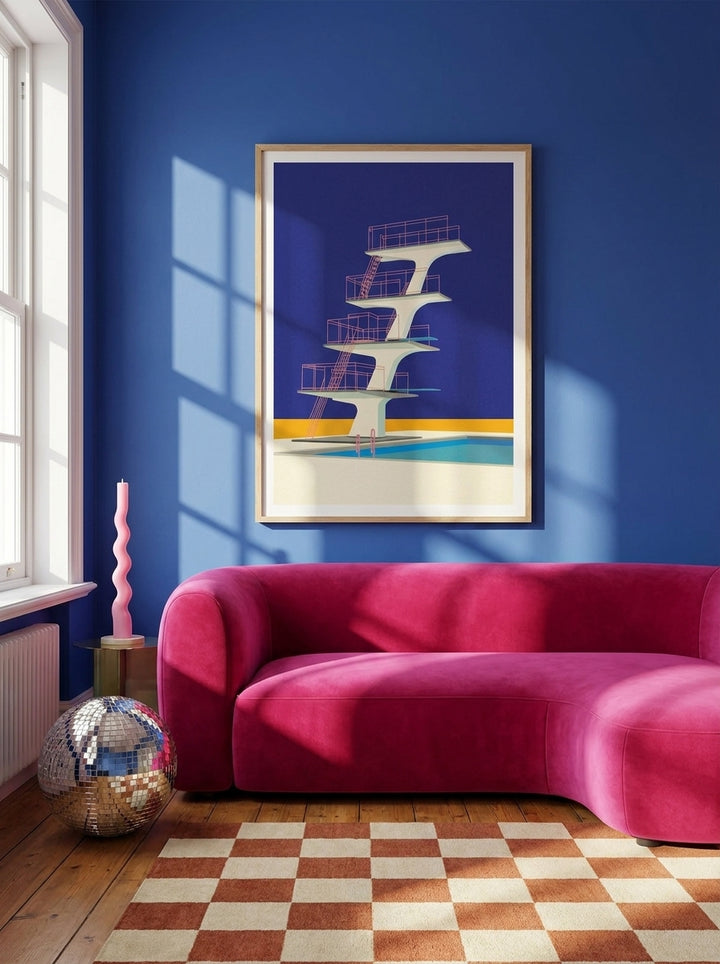 Modern wall art print styled on the wall in a colourful eclectic living room
