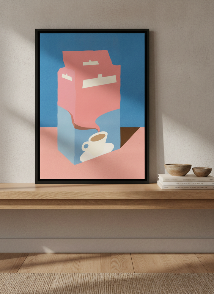 Canvas wall art with a black surround standing on a kitchen bench in a warm Japandi kitchen