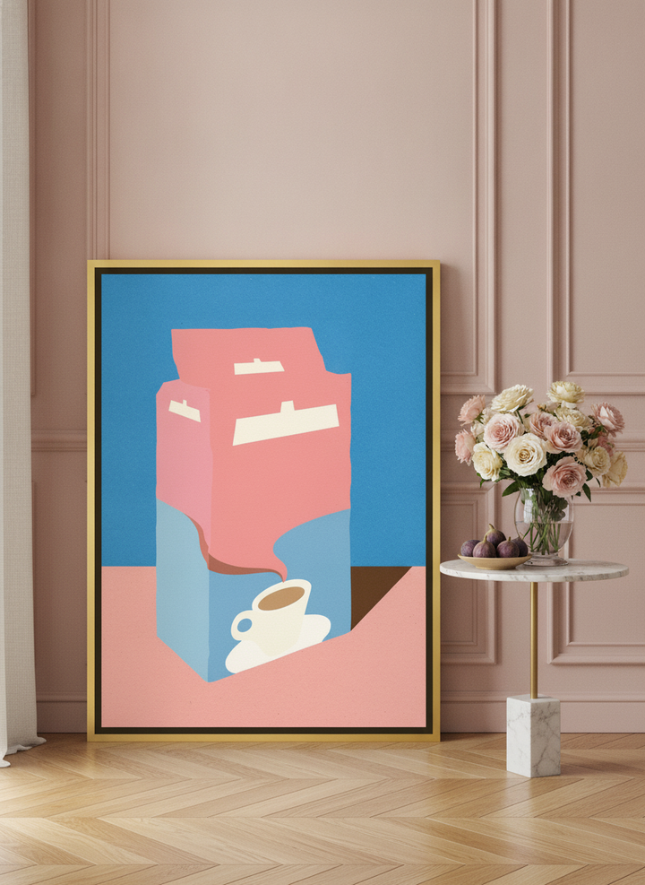 Canvas wall art with a gold leaf surround leaning against the wall in a Parisian living room