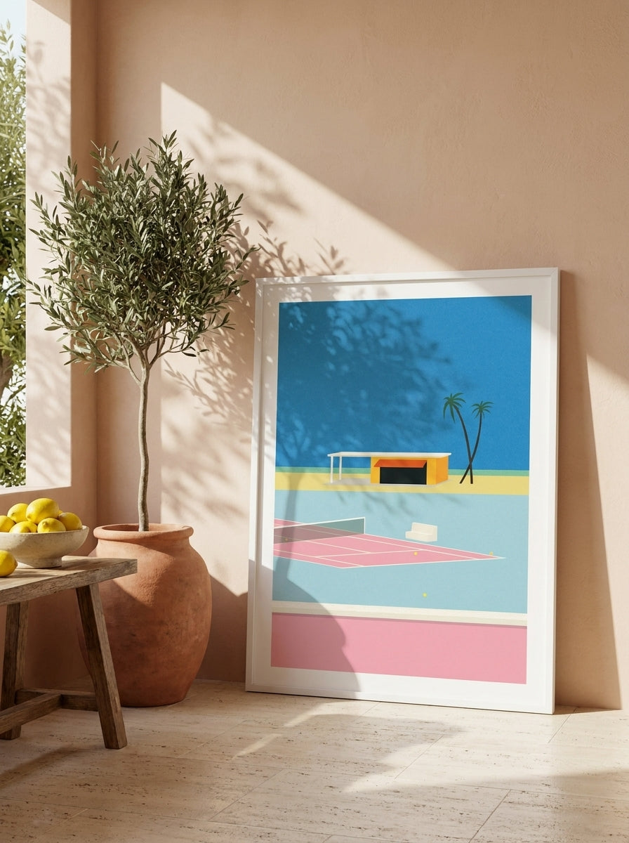 Modern wall art print leaning against the wall in a Mediterranean dining room