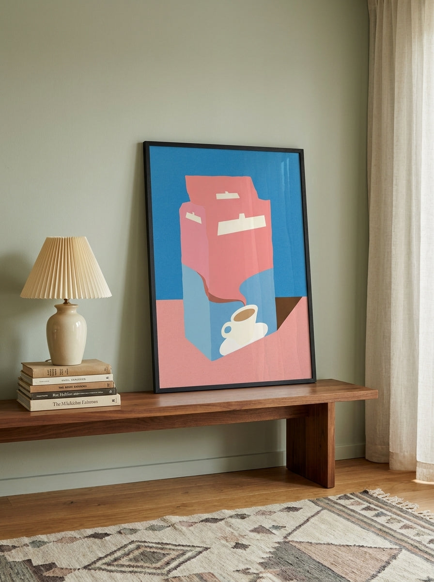 Modern wall art print standing on a kitchen bench in a mid-century kitchen