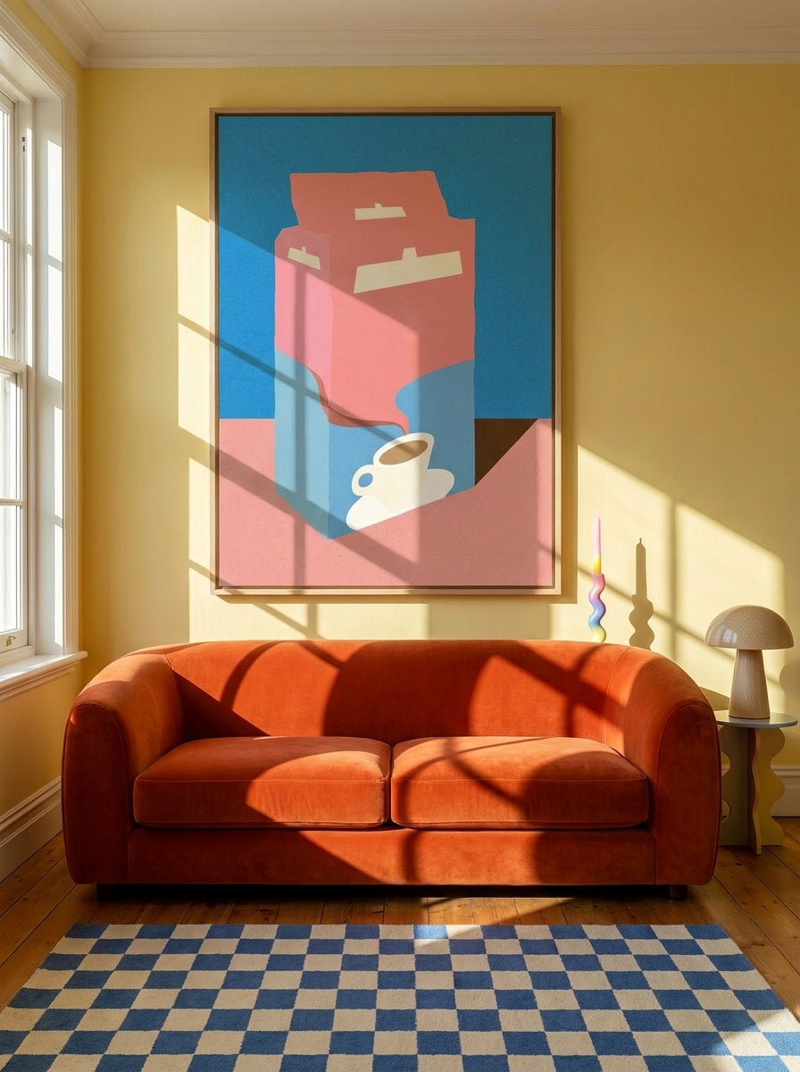 Oversized statement canvas wall art with a natural timber surround styled on the wall in a colourful eclectic living room