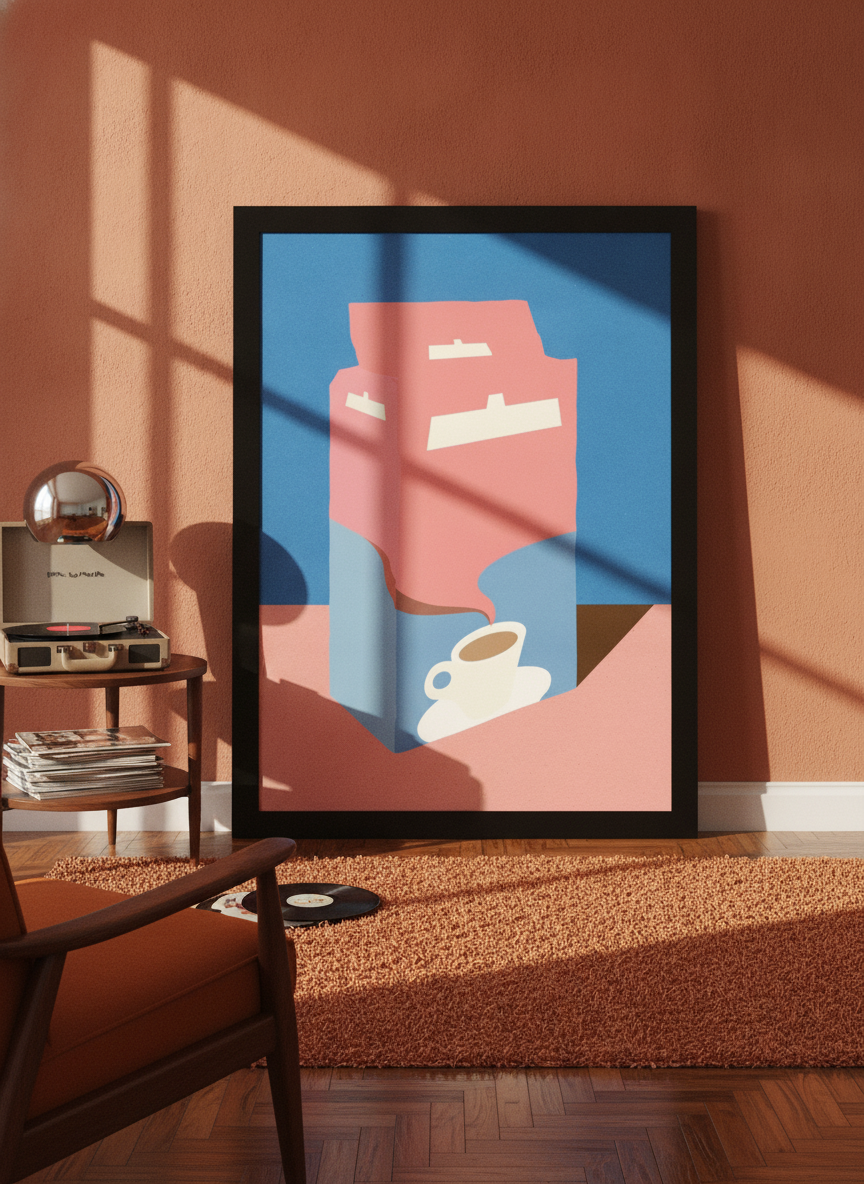 Oversized statement modern wall art print leaning against the wall in a retro 70s dining room