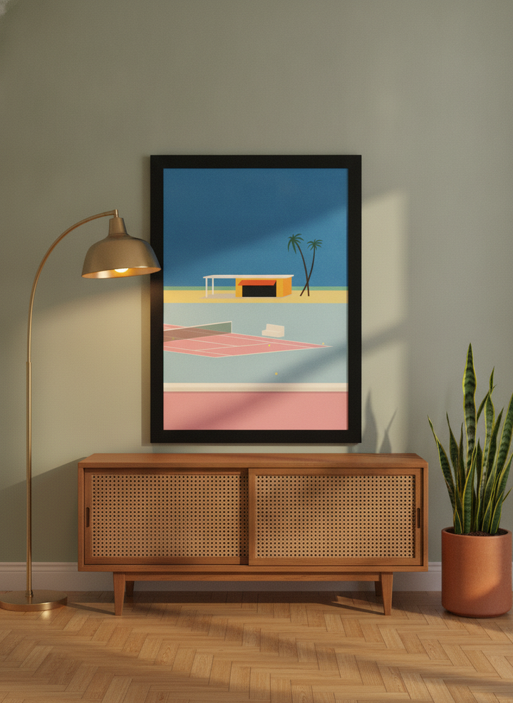 Modern wall art print standing on a sideboard in a mid-century bedroom