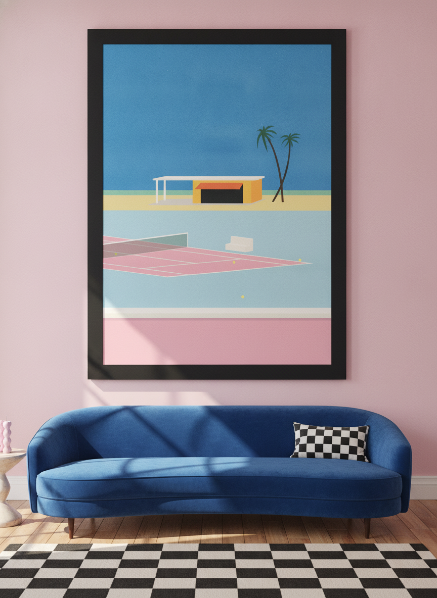 Oversized statement modern wall art print styled on the wall in a colourful eclectic living room