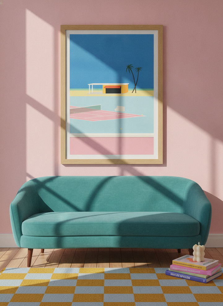 Modern wall art print styled on the wall in a colourful eclectic living room