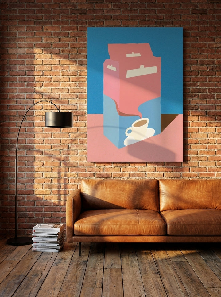Stretched canvas wall art styled on the wall in an industrial loft living room