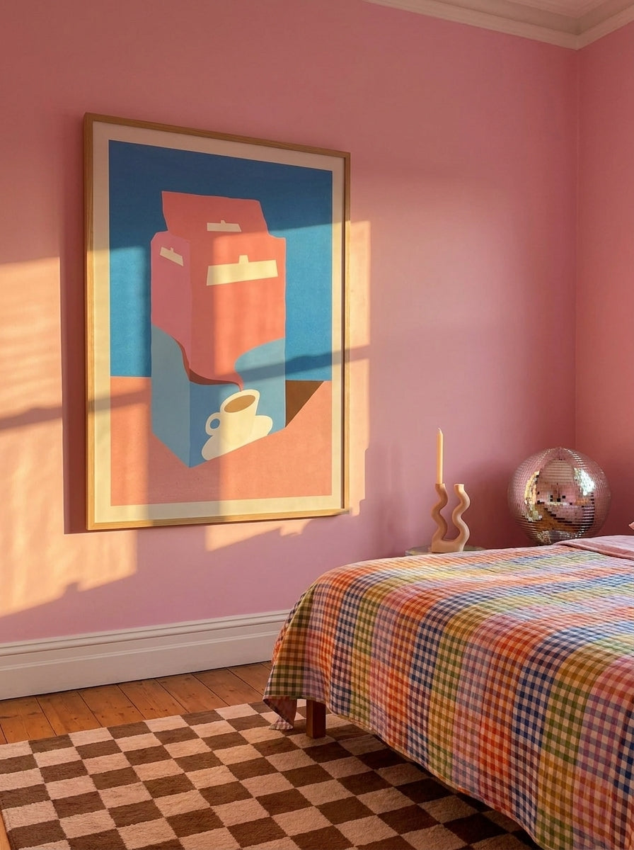 Oversized statement modern wall art print styled on the wall in a colourful eclectic bedroom