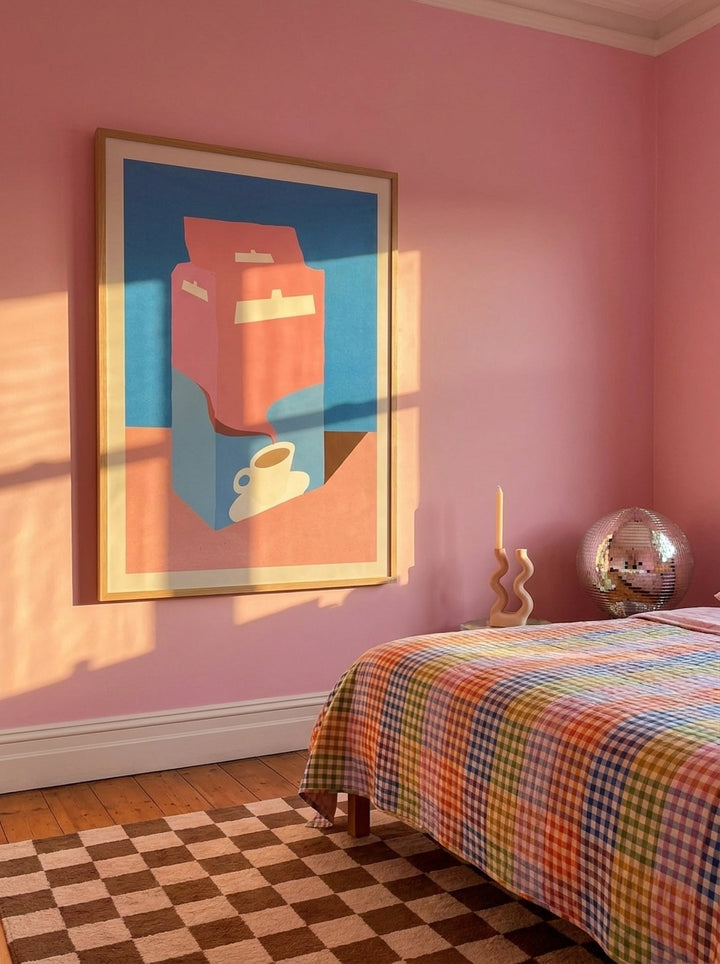 Oversized statement modern wall art print styled on the wall in a colourful eclectic bedroom
