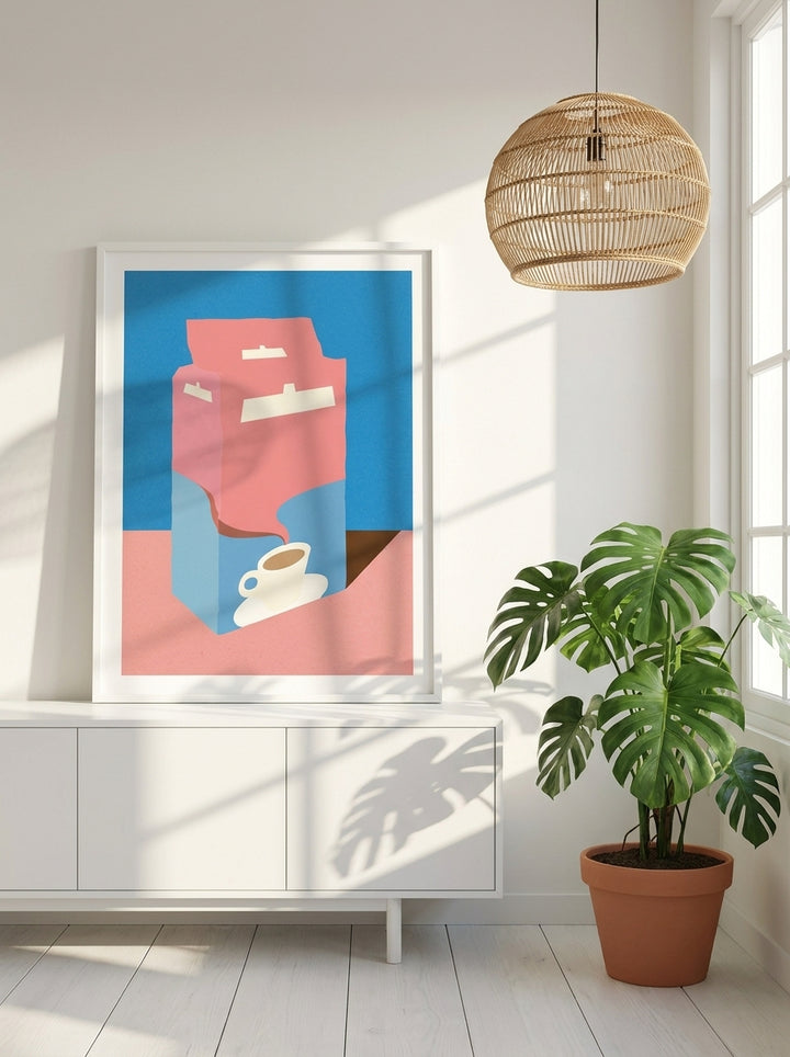 Modern wall art print standing on a sideboard in a bright Scandinavian living room