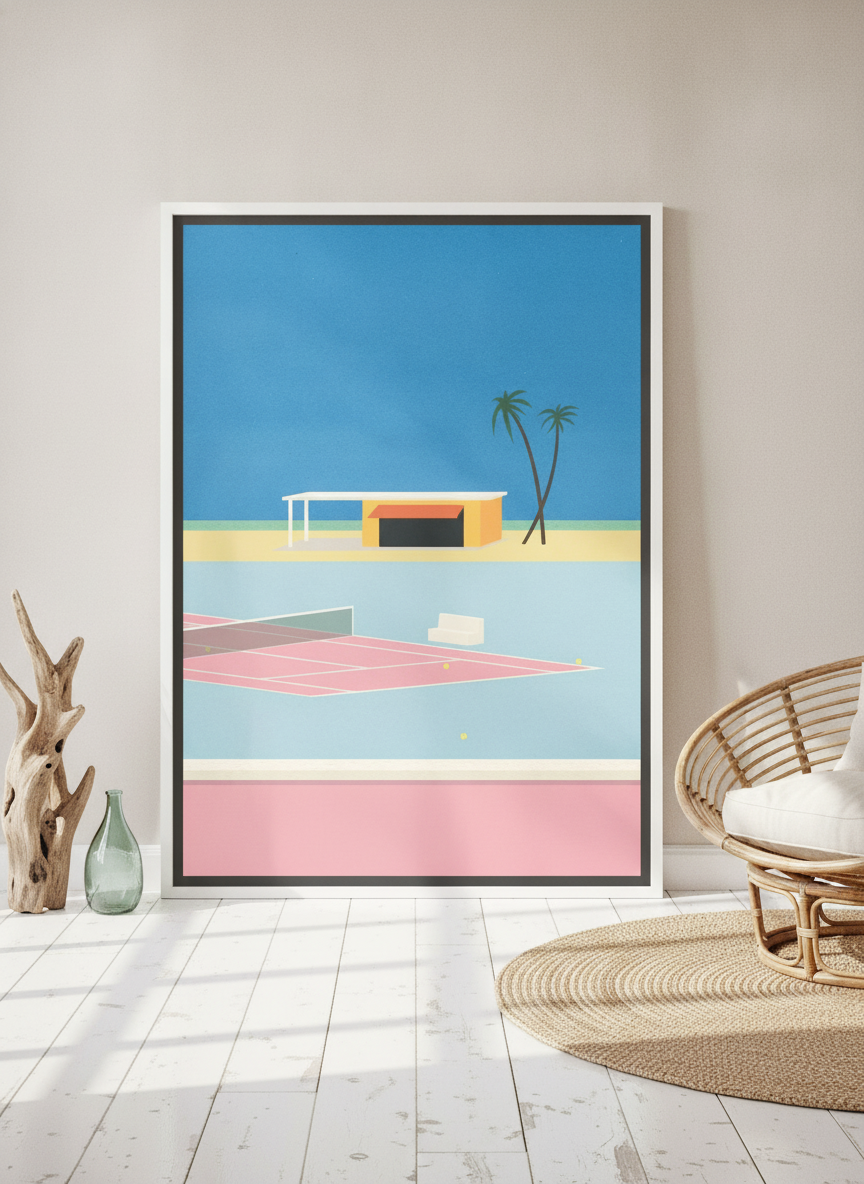 Oversized statement canvas wall art with a white surround leaning against the wall in a coastal living room