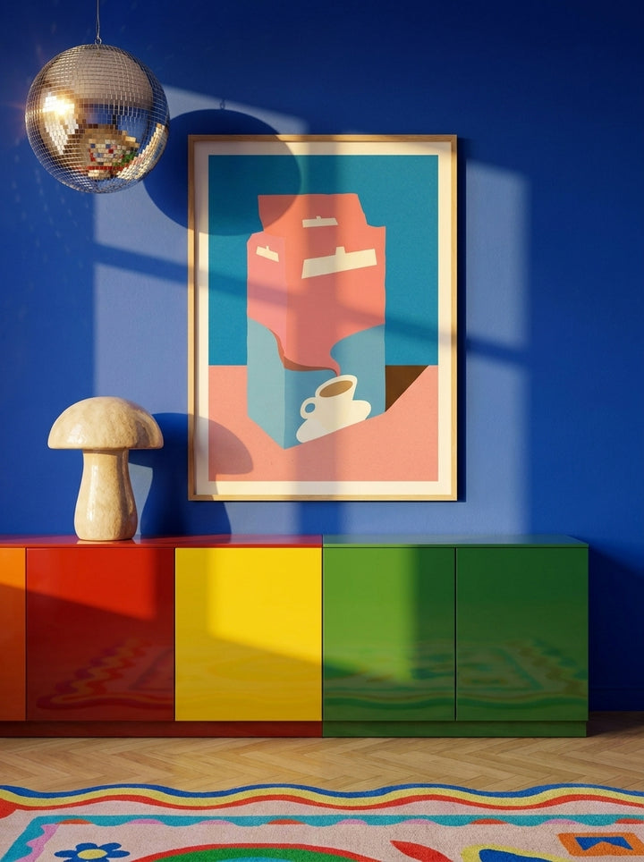 Modern wall art print styled on the wall in a colourful eclectic kitchen