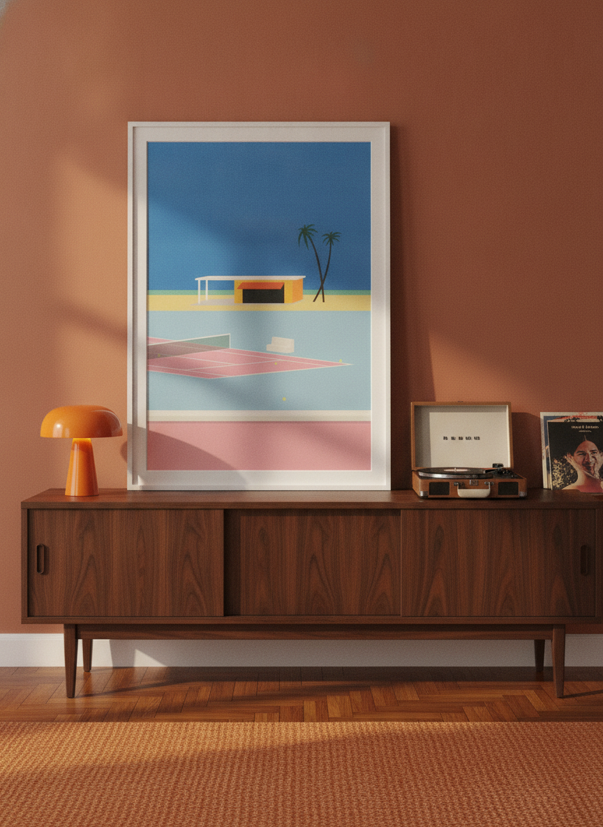 Modern wall art print standing on a sideboard in a retro 70s home office
