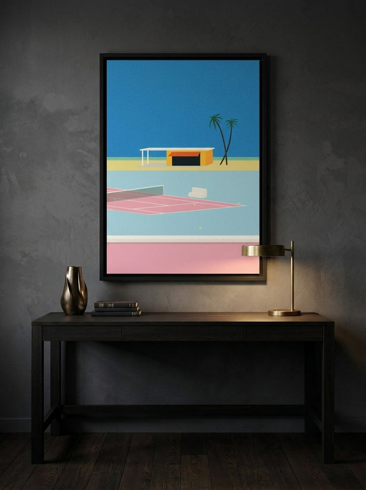 Canvas wall art with a black surround styled on the wall in a moody home office
