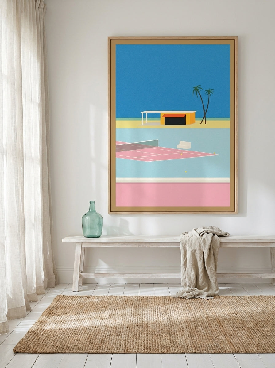 Oversized statement modern wall art print styled on the wall in a coastal living room