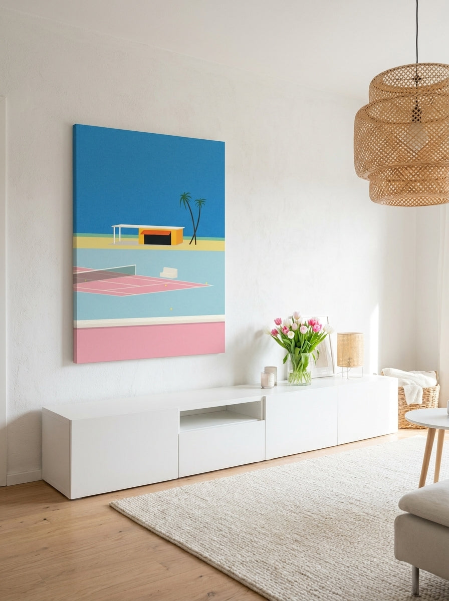 Stretched canvas wall art styled on the wall in a bright Scandinavian living room