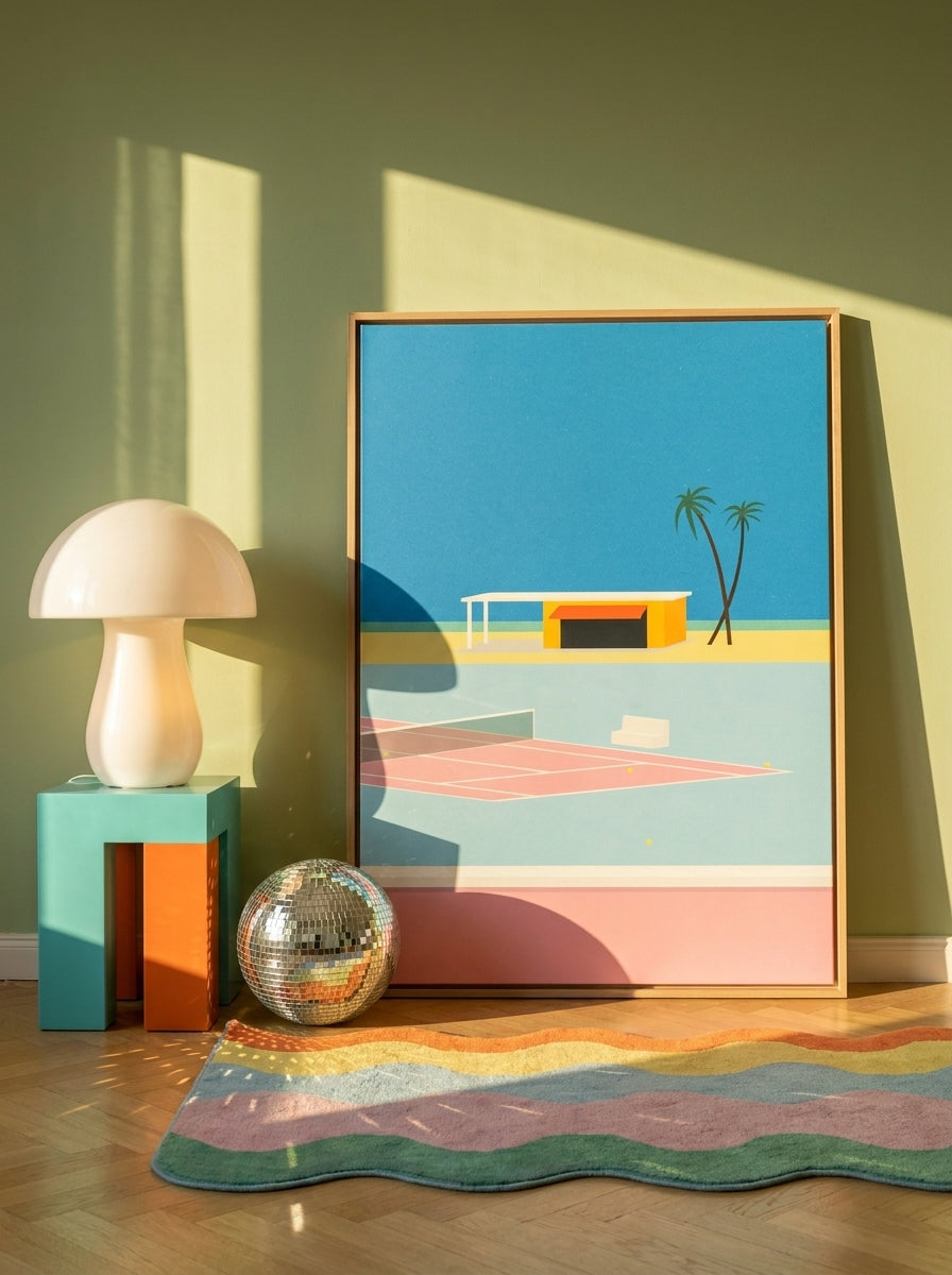 Oversized statement canvas wall art with a natural timber surround leaning against the wall in a colourful eclectic living room