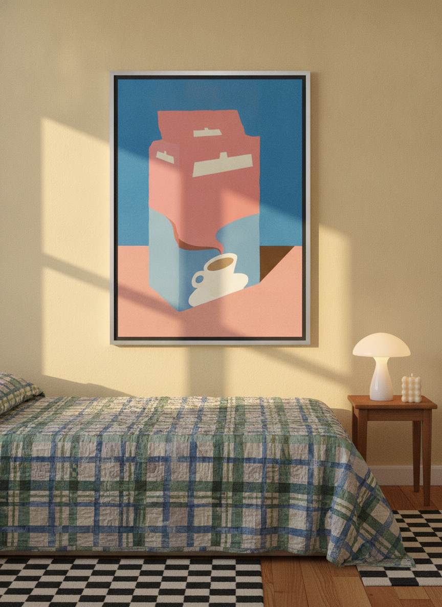 Canvas wall art with a silver leaf surround styled on the wall in a colourful eclectic bedroom